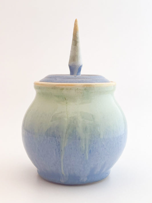Small Aqua Blue Jar with Pointed Handle