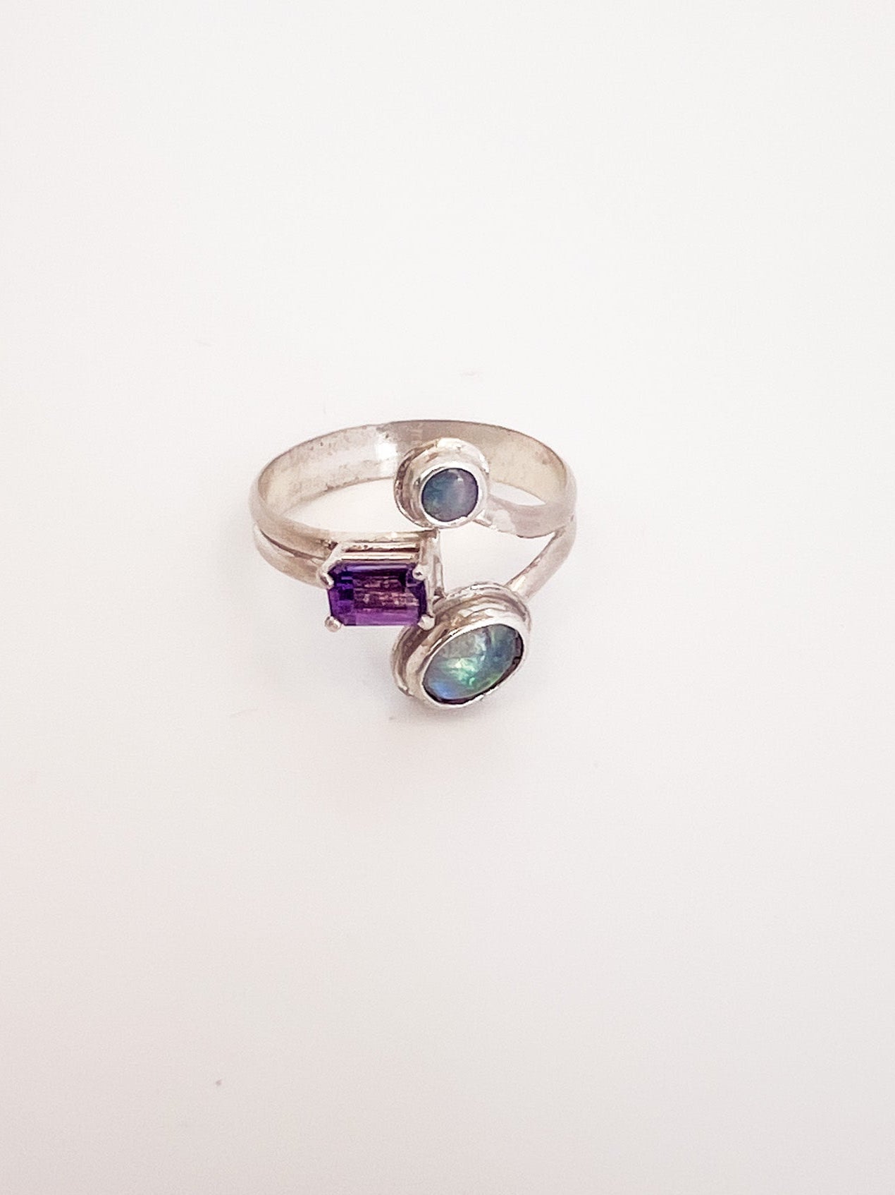 Moonstone Amethyst and Australian Opal Ring