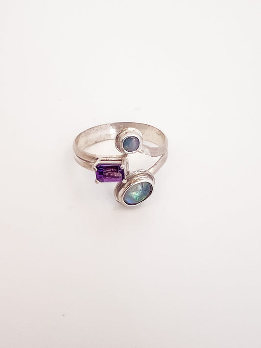 Moonstone Amethyst and Australian Opal Ring