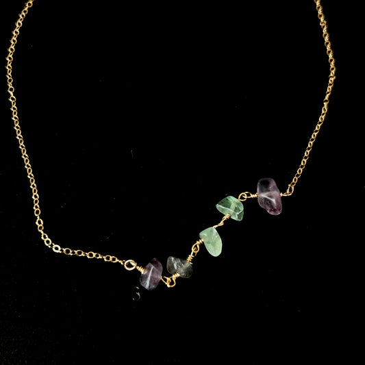 Fluorite Beaded Stone Crystal Gold Chain Necklace