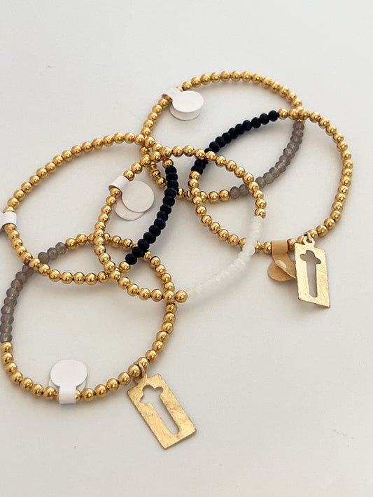 Gold Beaded Bracelet with Cross Accent