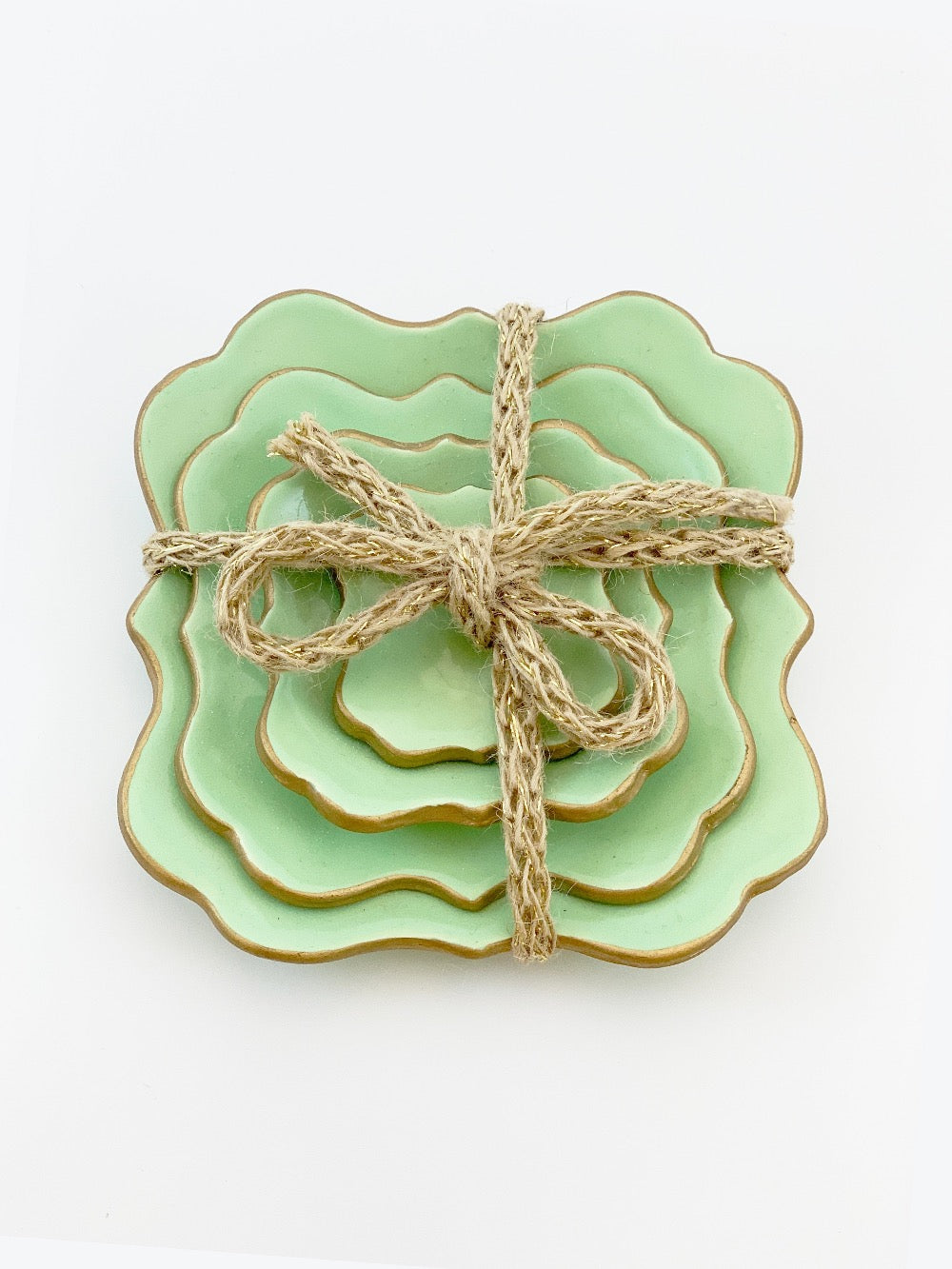 Mint Ceramic Nesting Trinket Dishes edged in gold set of four