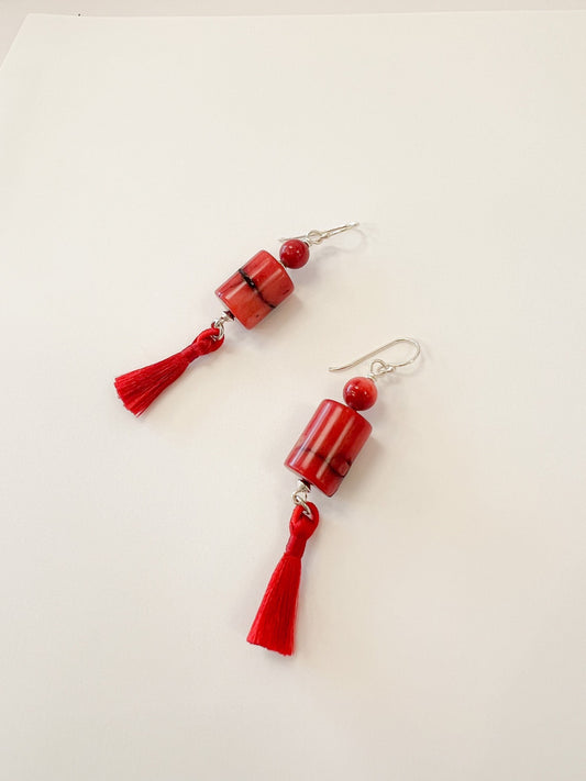 Coral and Tassel Earrings