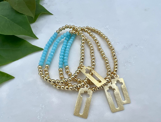 Gold Beaded Bracelet with Cross Accent