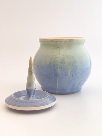 Small Aqua Blue Jar with Pointed Handle