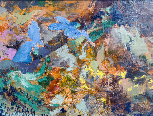 Abstract painting with a mix of blue, green, orange, and brown colors.