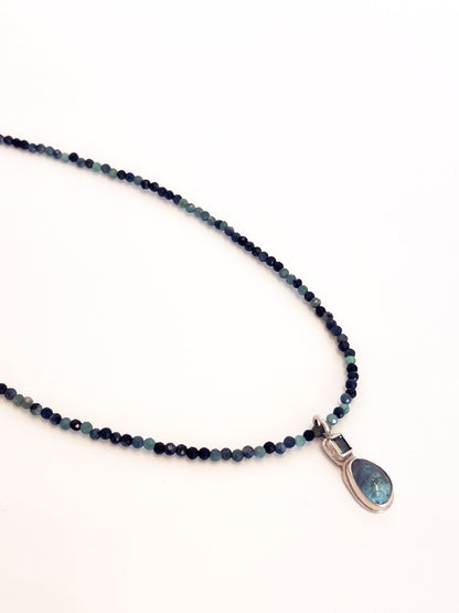 Green Tourmaline Beaded Sterling Silver Necklace with Apatite Cabochon