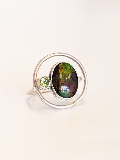 Ammolite and Peridot Sterling Silver Ring