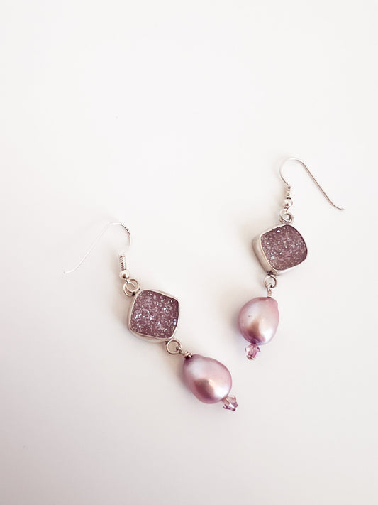 Dusty Pink Druzy Earrings with Pearl