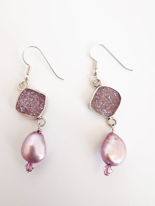 Dusty Pink Druzy Earrings with Pearl