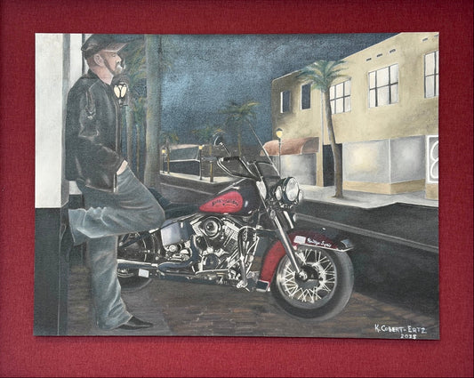 Painting of a man with a motorcycle in an urban setting