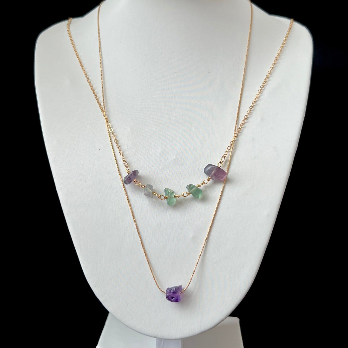 Fluorite Beaded Stone Crystal Gold Chain Necklace