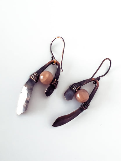 Copper Peach Moonstone Wishbone Earrings