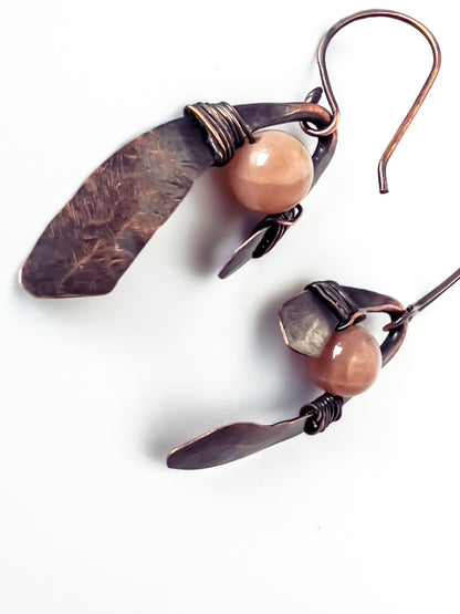 Copper Peach Moonstone Wishbone Earrings