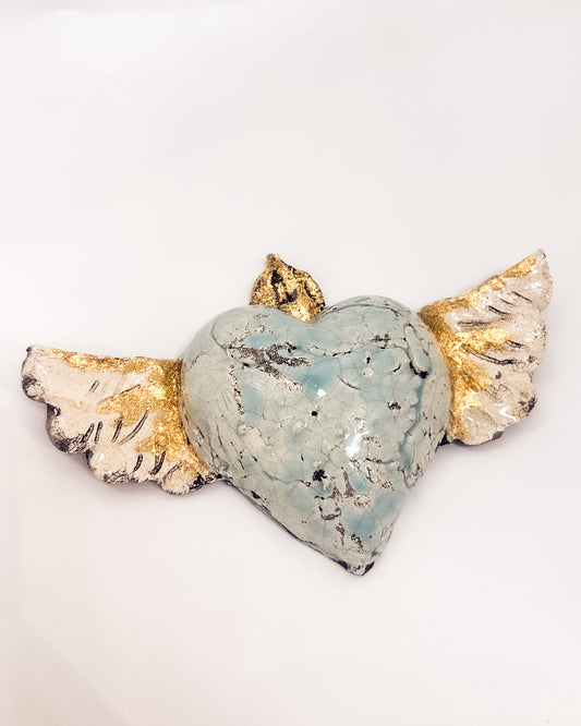 Light Blue Heart with Gold Leaf Wings