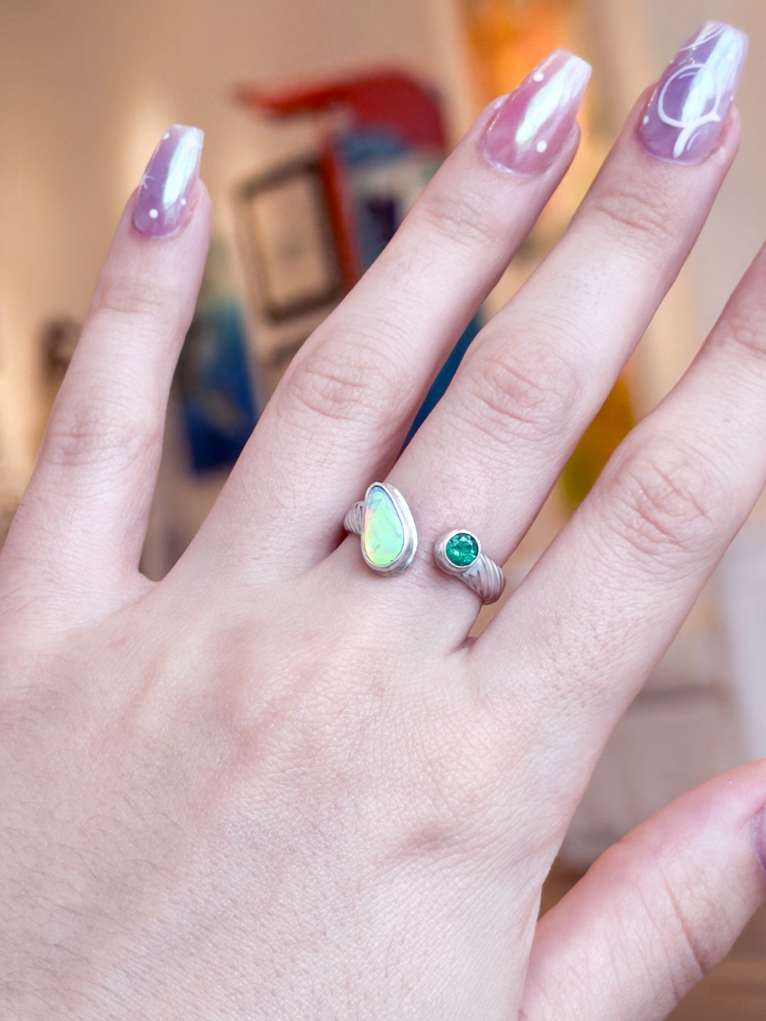 Emerald & Australian Opal Sterling Silver Adjustable Ring