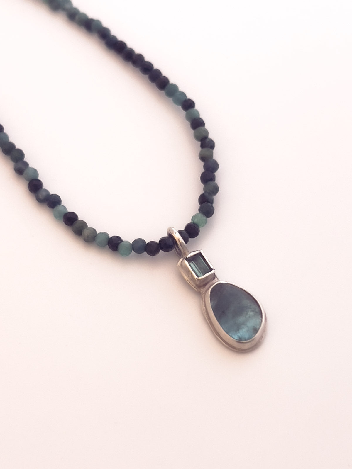 Green Tourmaline Beaded Sterling Silver Necklace with Apatite Cabochon