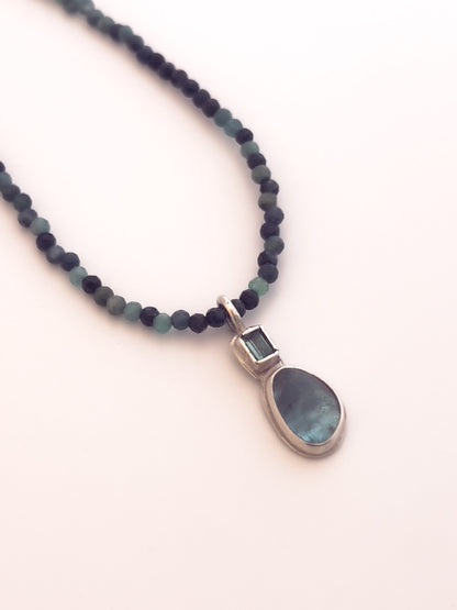 Green Tourmaline Beaded Sterling Silver Necklace with Apatite Cabochon