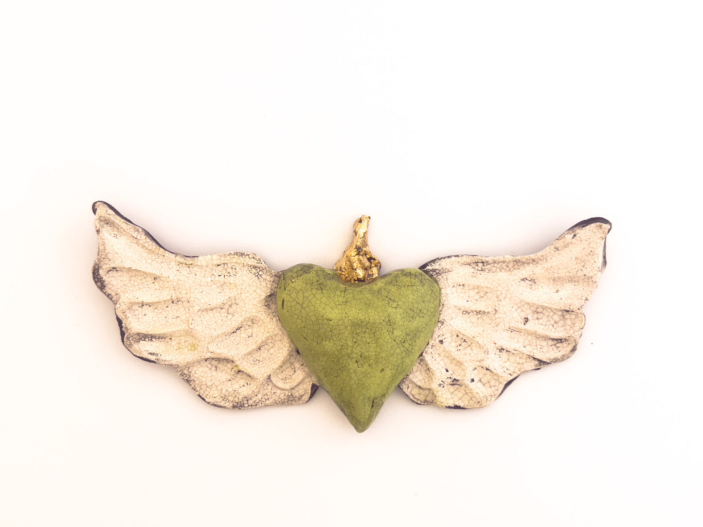 Green Heart with Gold Adornment and Wings, Wall Sculpture