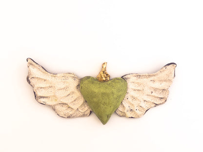 Green Heart with Gold Adornment and Wings, Wall Sculpture