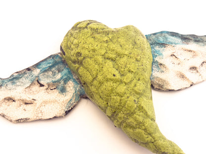 Green Textured Heart with Wings, Wall Sculpture