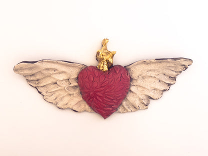 Red Patterned Heart with Wings, Wall Sculpture