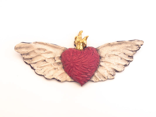 Red Patterned Heart with Wings, Wall Sculpture