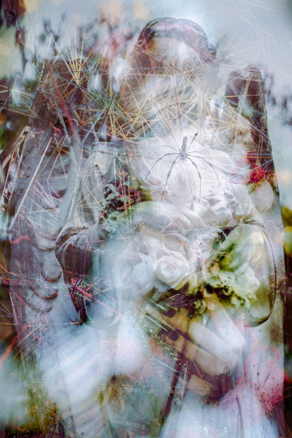 Abstract photographic art piece with floral elements, spider, and girl with angel statue on a blurred background.
