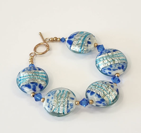 Blue Glass Bead Bracelet with Gold Clasp