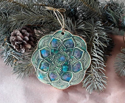 Mandala Green Christmas Ornament edged in gold