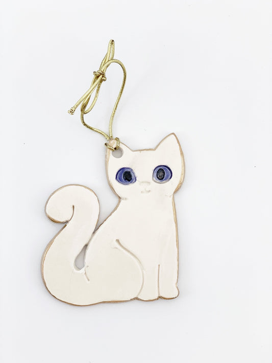 White Ceramic Cat Christmas Ornament edged in gold