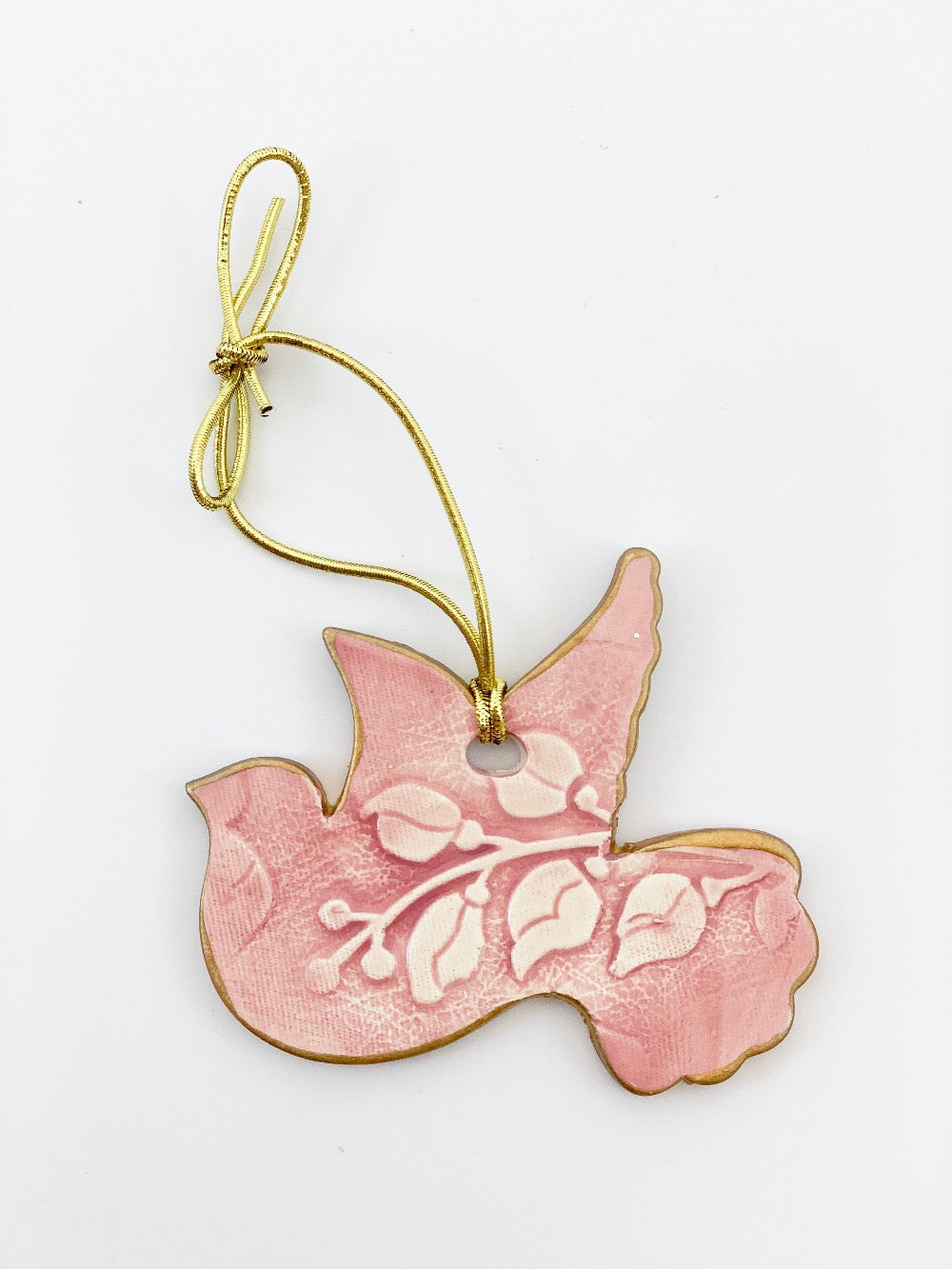 Pink Ceramic Dove Christmas Ornament edged in gold