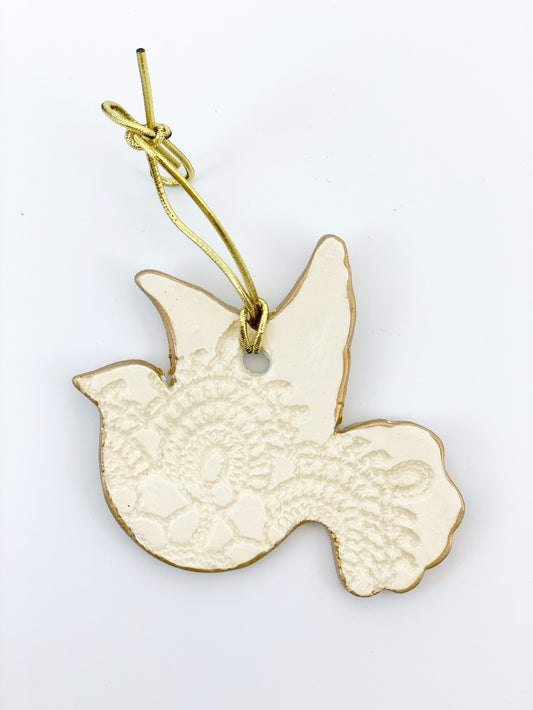 White Ceramic Dove Christmas Ornament edged in gold
