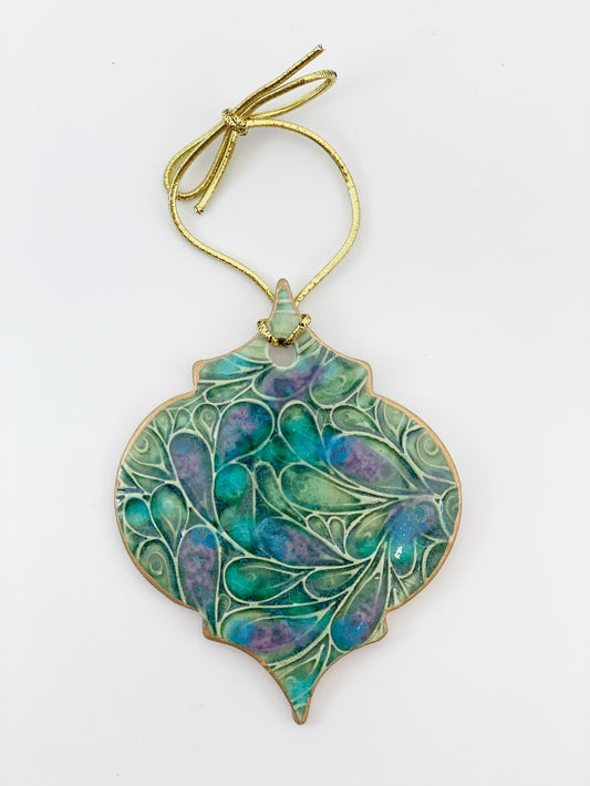 Peacock Green Christmas Ornament edged in gold