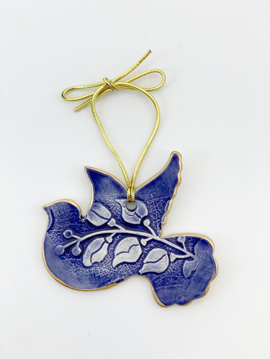 Cobalt Blue Ceramic Dove Christmas Ornament edged in gold