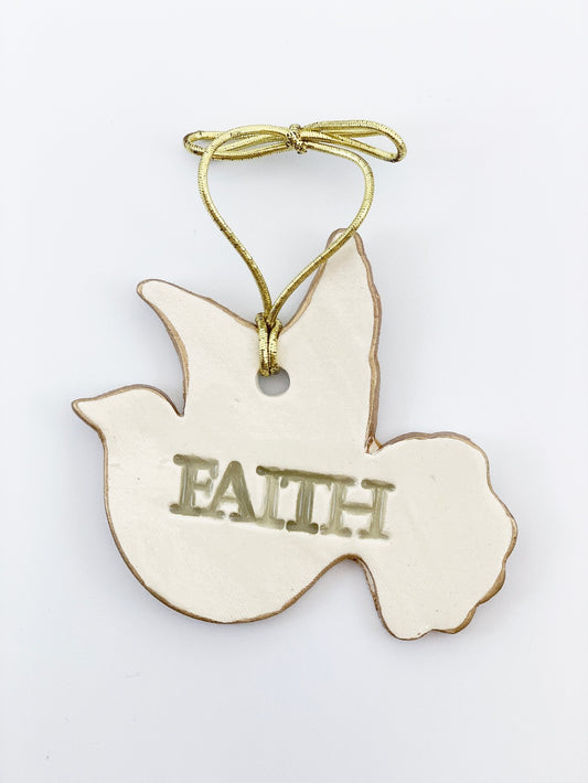 FAITH Ceramic Dove Christmas Ornaments edged in gold