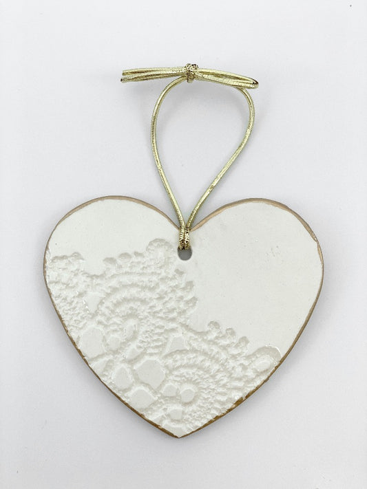 White lace Ceramic Heart Christmas Ornament edged in gold