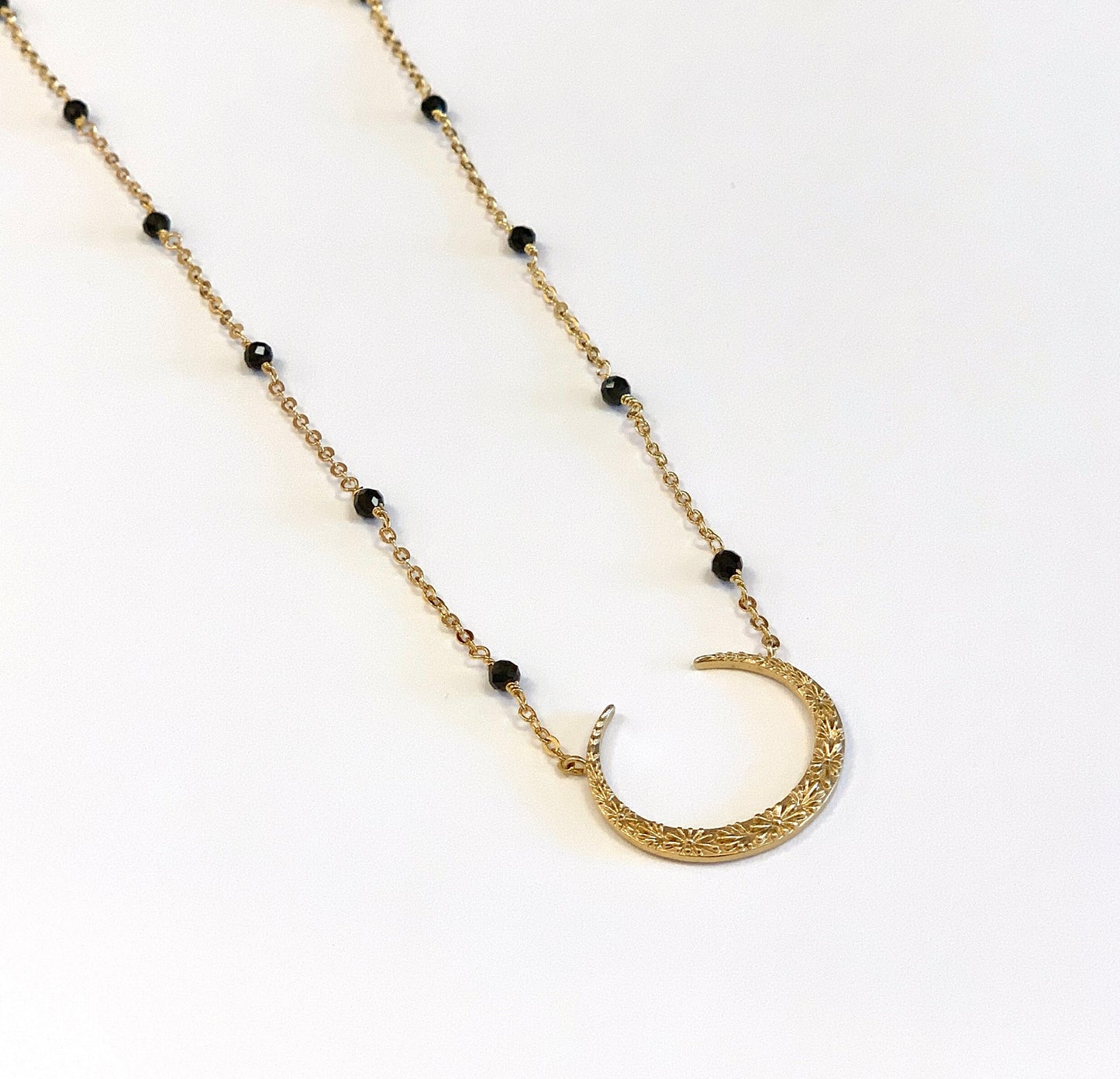 Flower Crescent Necklace with Black Spinels