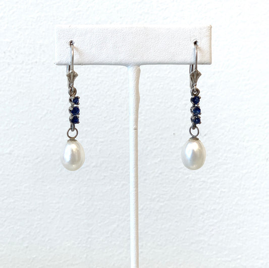Pearl and Blue Sapphire Drop Earrings